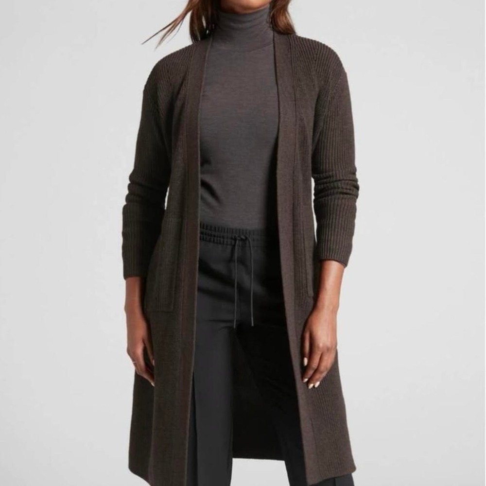 Black #Athleta Scenic Wrap #Cardigan Merino Wool Blend Belted Long